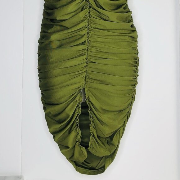 Bandeau Ruched Knees Length Dress Olive Green Cocktail Date Night Event Elastic - Picture 3 of 7
